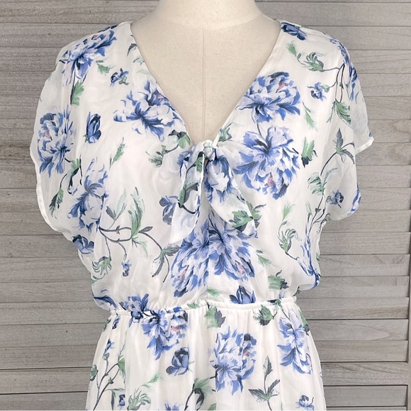 LILY ROSE Hi/Low Floral Print Maxi Dress White w Blue Floral-Large - Picture 2 of 4